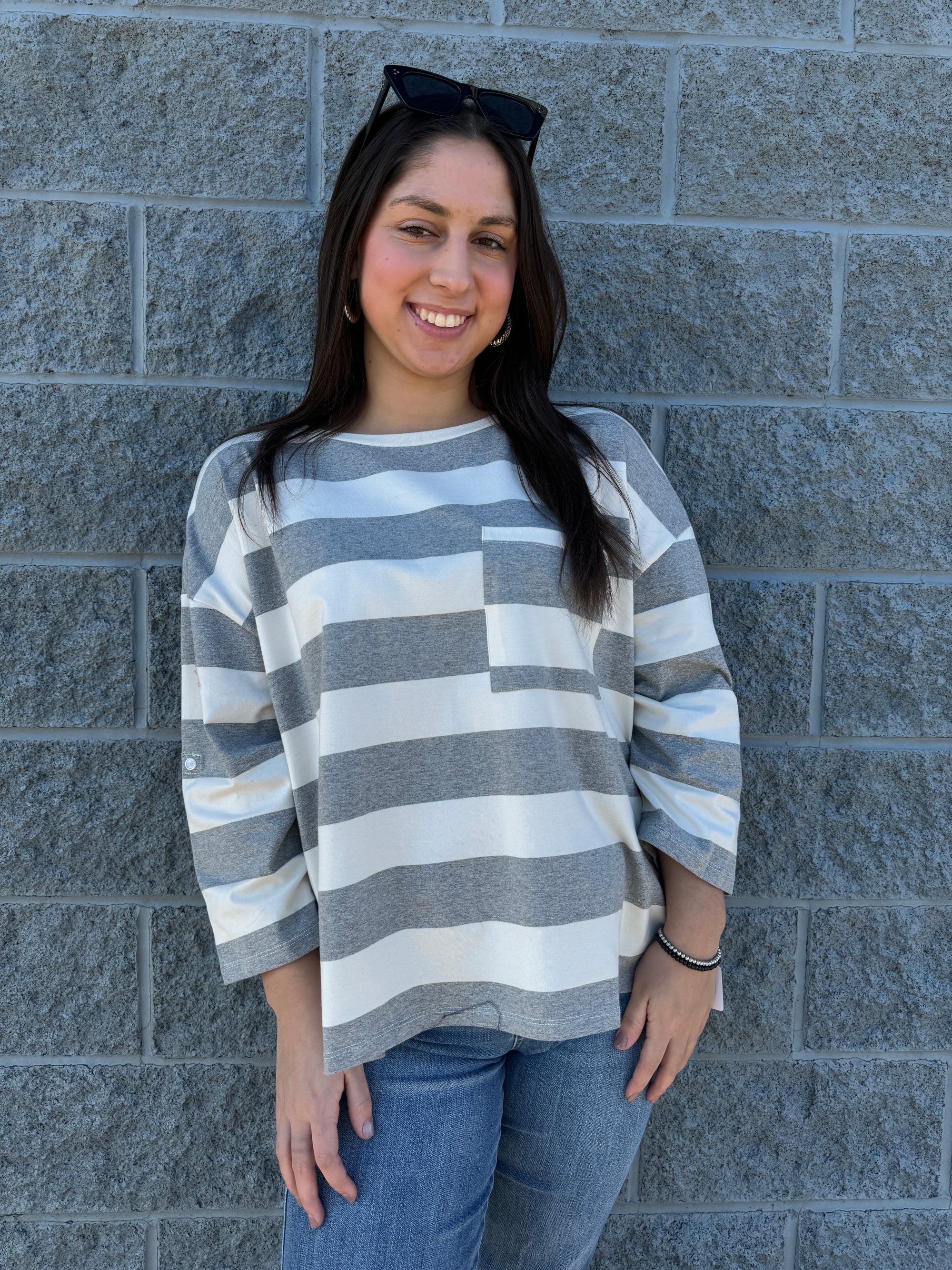 Linda - A Crew Neck with Pockets Stripe Top