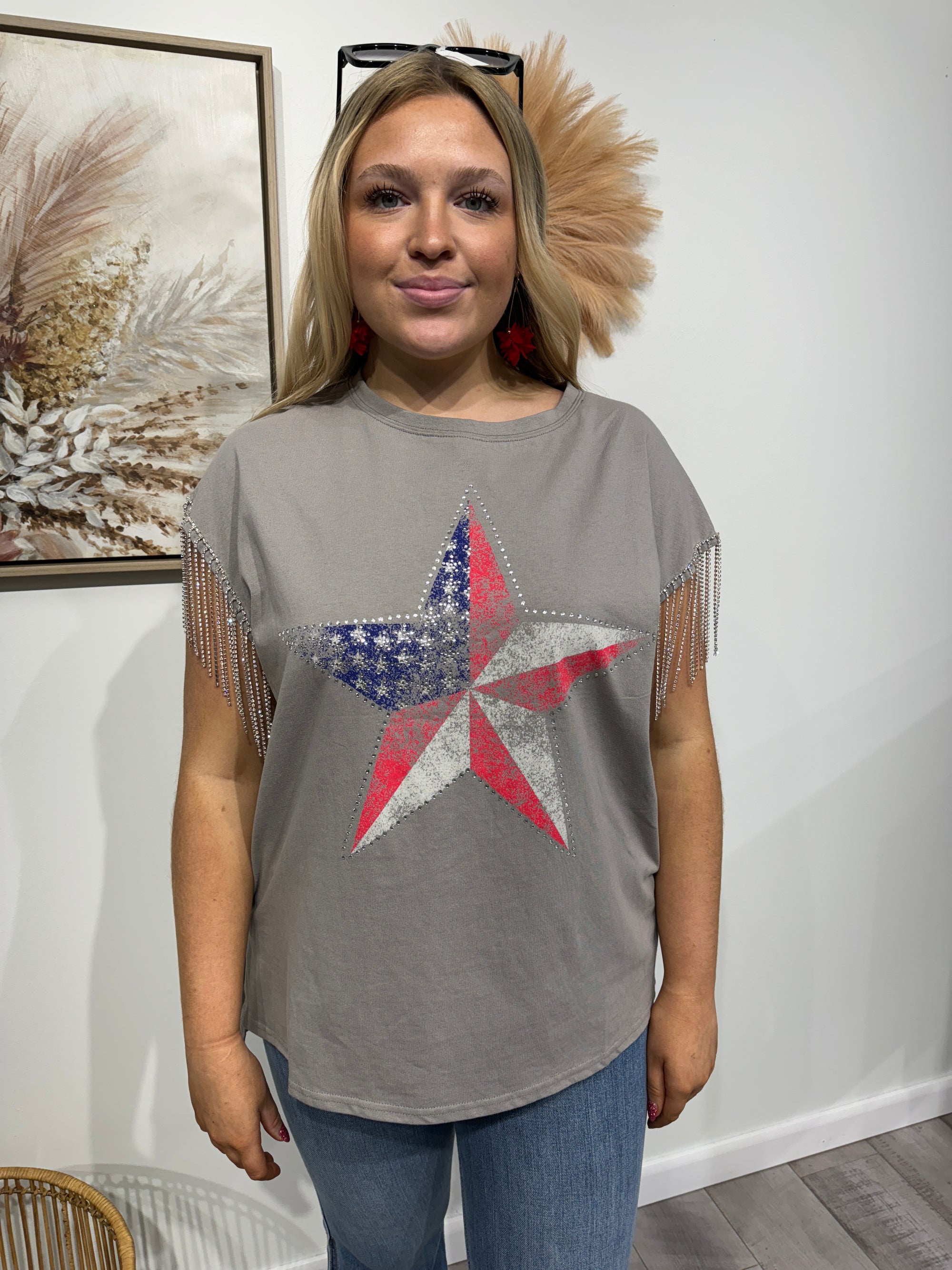 Justice - An American Star Printed Top with Rhinestone Fringe