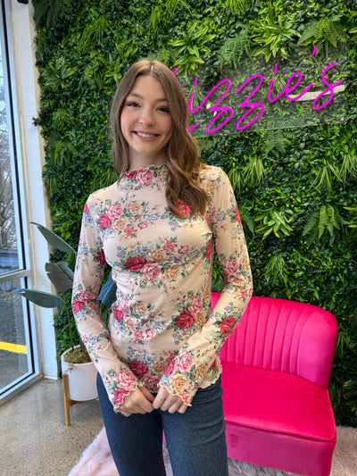 Sara - A Mock Neck Long Sleeve Floral Print Top with Frilled Marrow Hem