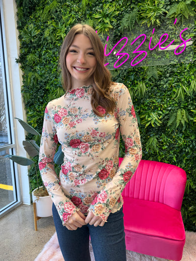 Sara - A Mock Neck Long Sleeve Floral Print Top with Frilled Marrow Hem