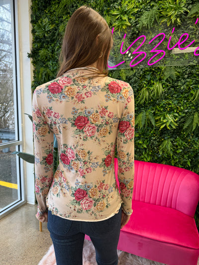 Sara - A Mock Neck Long Sleeve Floral Print Top with Frilled Marrow Hem
