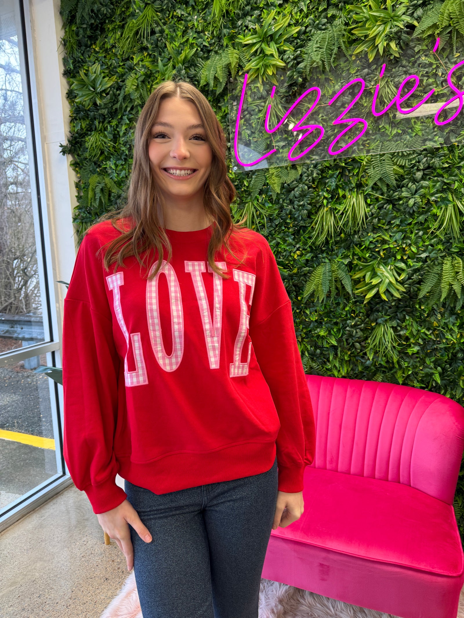 Lindsay - A Round Crew Neck Valentine Love Lettering Contrast Checker Patch Sweatshirt