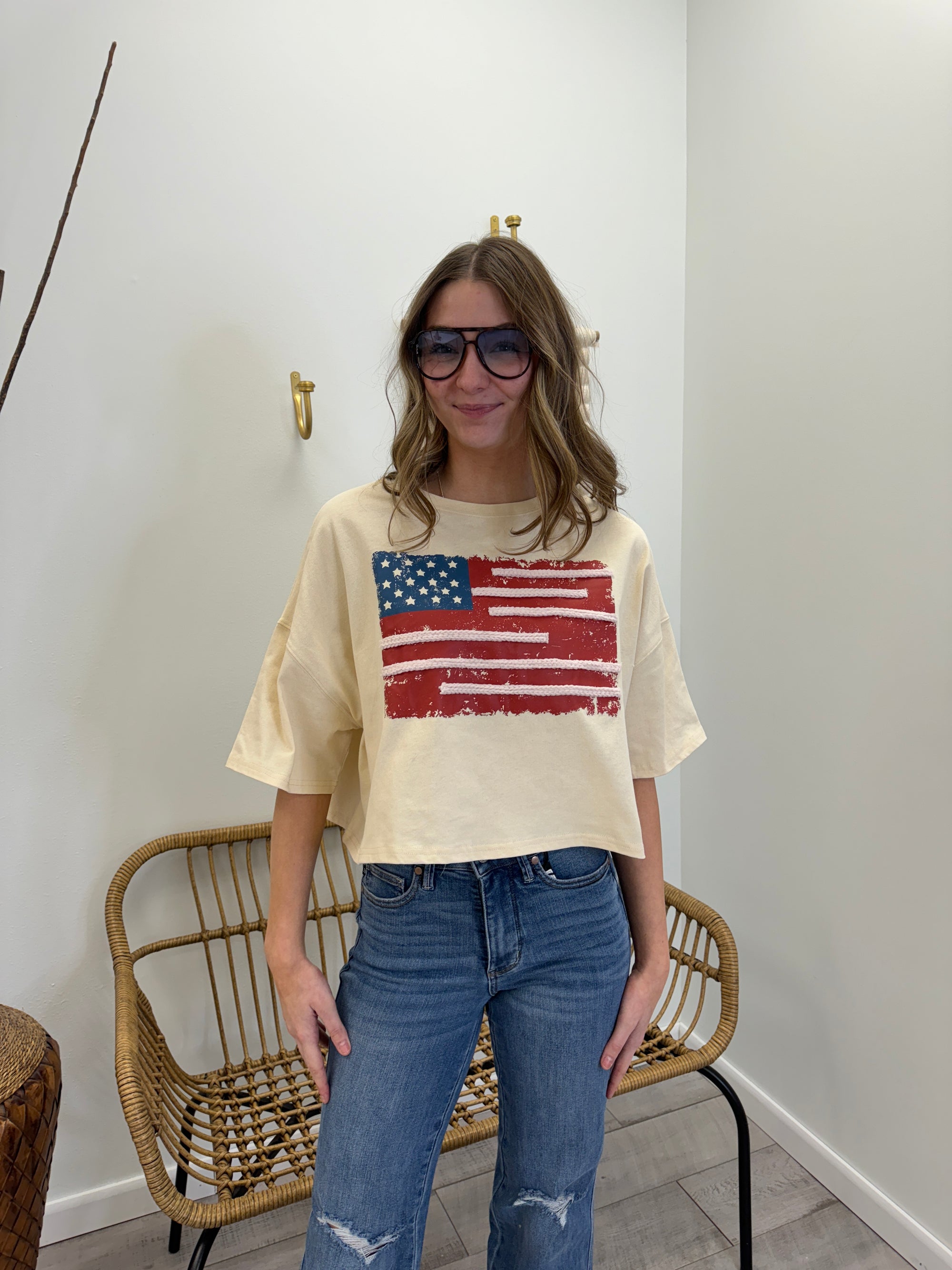 America -  A Vintage USA Flag with Threads Embroidered Crop Tee