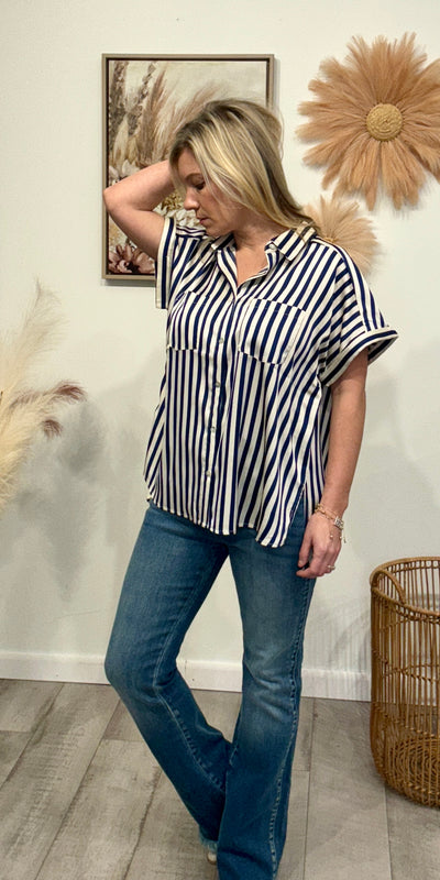 Spring Fever - Navy and White Woven Striped Shirt