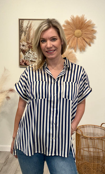 Spring Fever - Navy and White Woven Striped Shirt