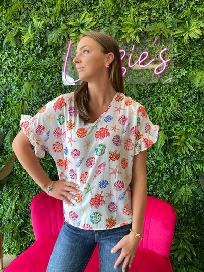Shell - A Seashell Printed V-Neck Top - All Sizes
