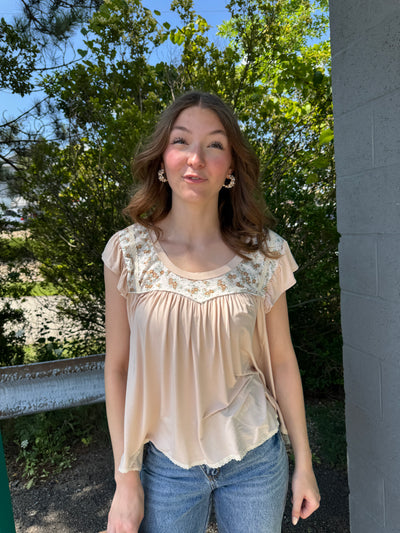 Marnie - Mixed Media Short Sleeve Top