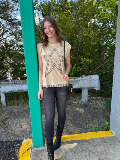 Silva - A Round Neck Sleeveless Top with Star Patch with Stud & Lace On Back