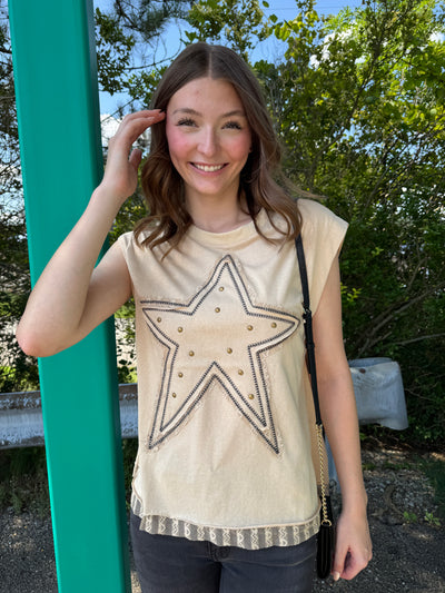 Silva - A Round Neck Sleeveless Top with Star Patch with Stud & Lace On Back