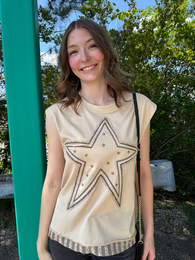 Silva - A Round Neck Sleeveless Top with Star Patch with Stud & Lace On Back