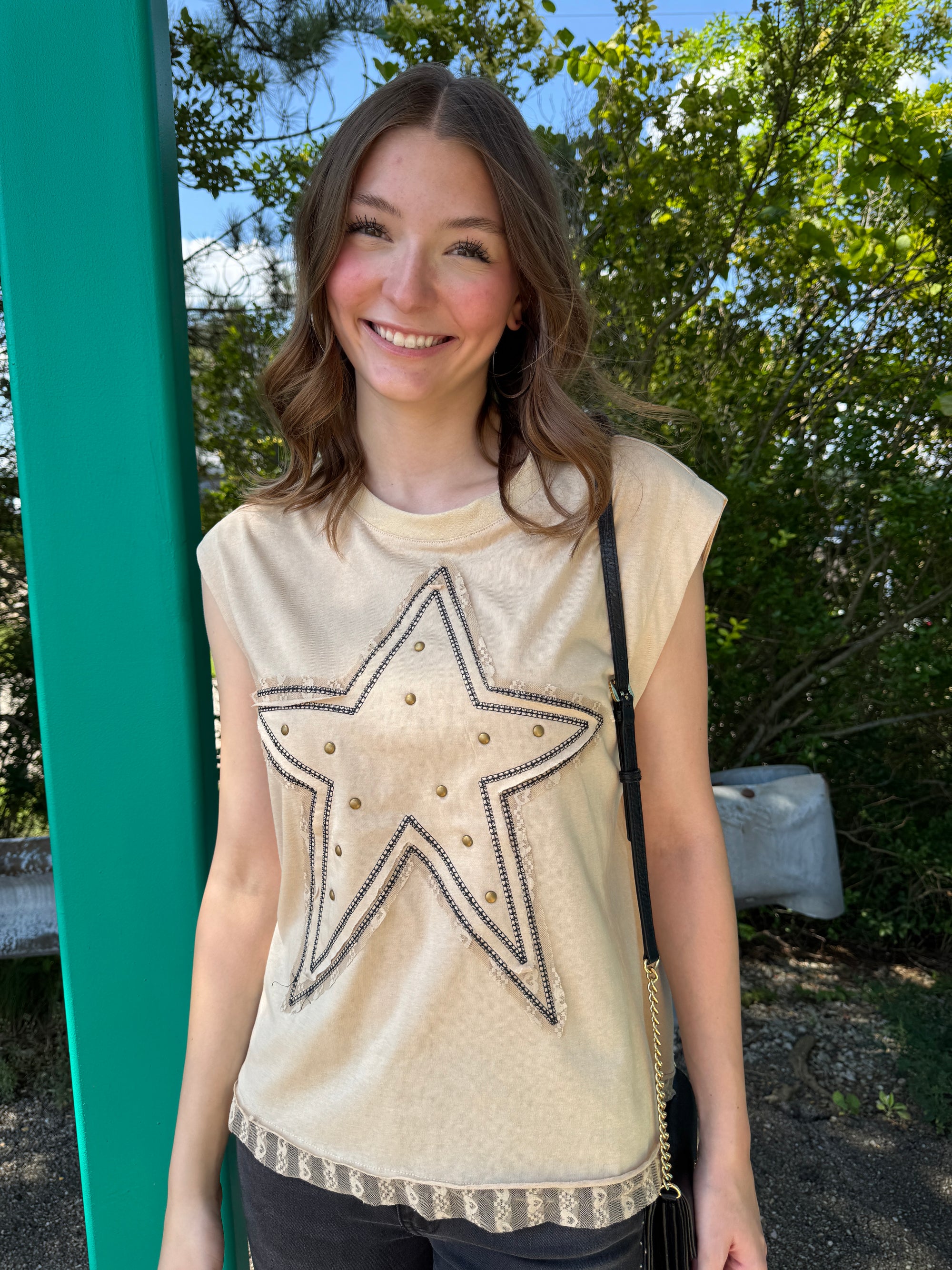 Silva - A Round Neck Sleeveless Top with Star Patch with Stud & Lace On Back