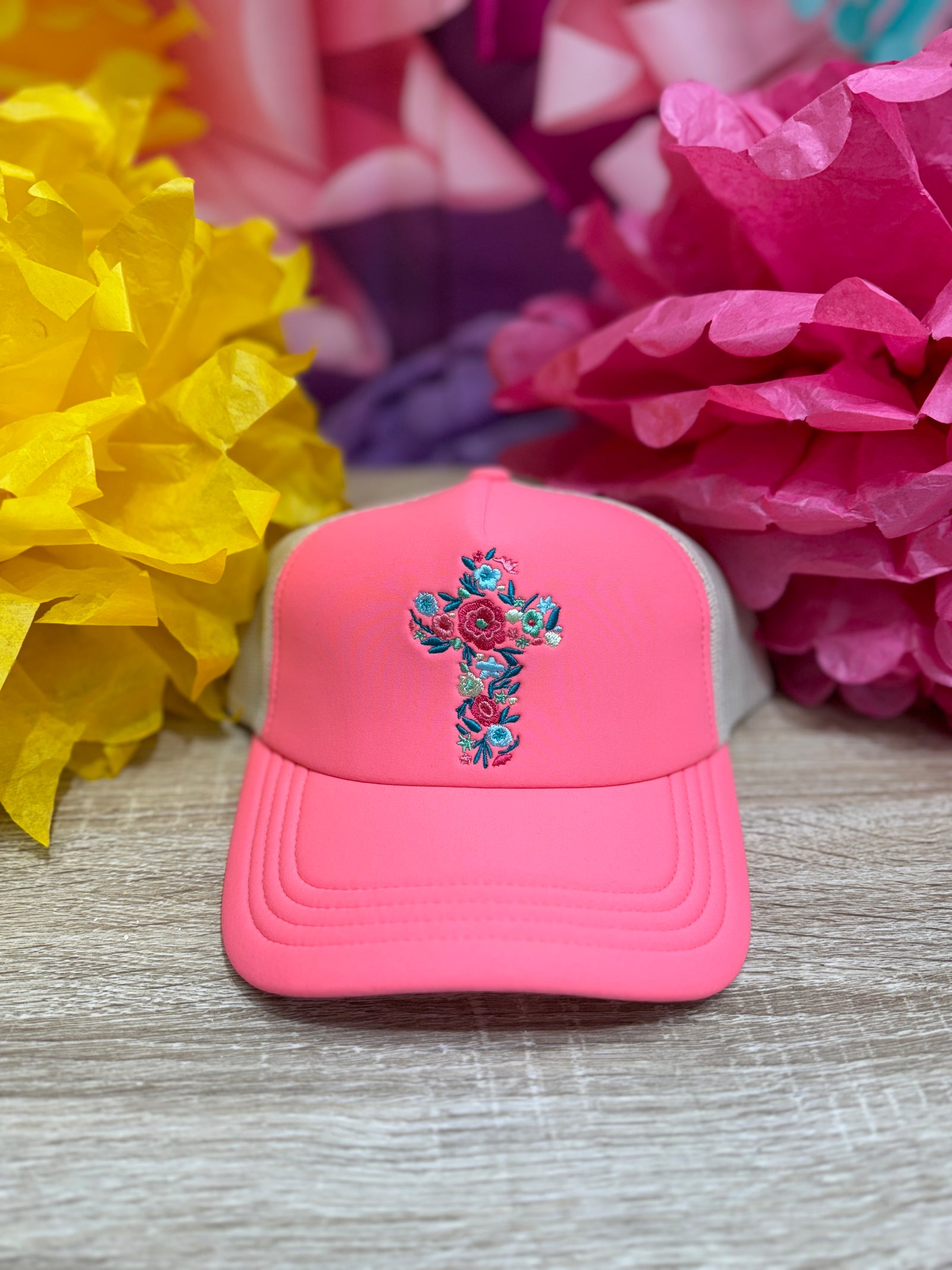 Floral Cross Embroidered Mesh Back Trucker Hat