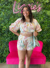 Karla - A Set - A Pair of Floral Shorts & A Tie Waist Scoop Neck Puff Sleeve Top