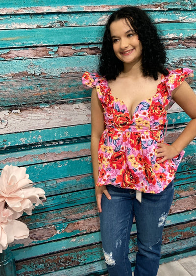 Daisy Days - A Floral Wire V Bodice Babydoll Top with Ruffle Sleeves