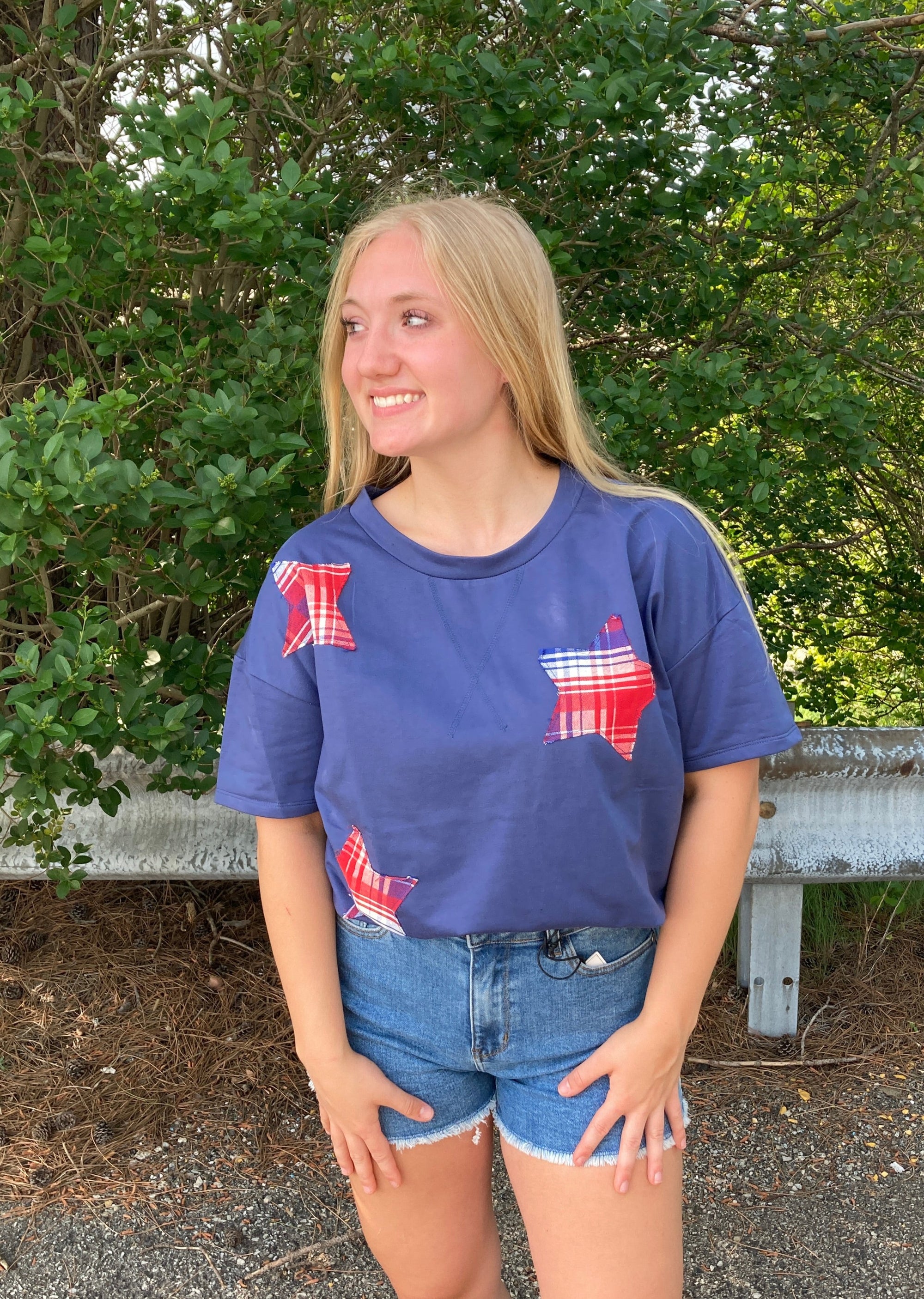 Patch - A Denim Blue & Red Star Patchwork Short Sleeve Top