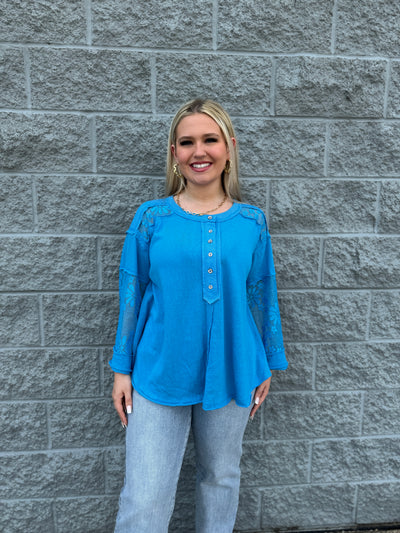 Patricia - A 3/4 Flare Sleeve Button Down Top with Lace Detail