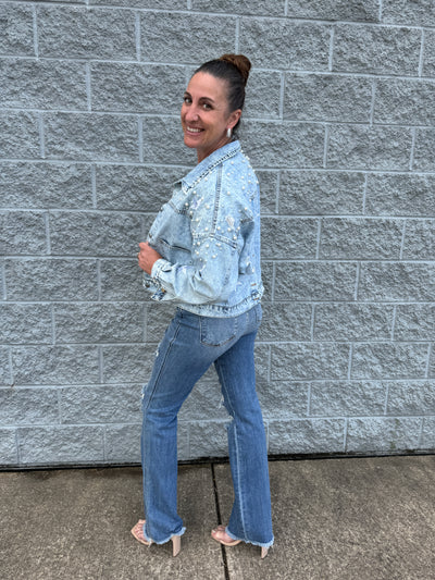 Mariah - A Pearl Trim Button Up Denim Jacket