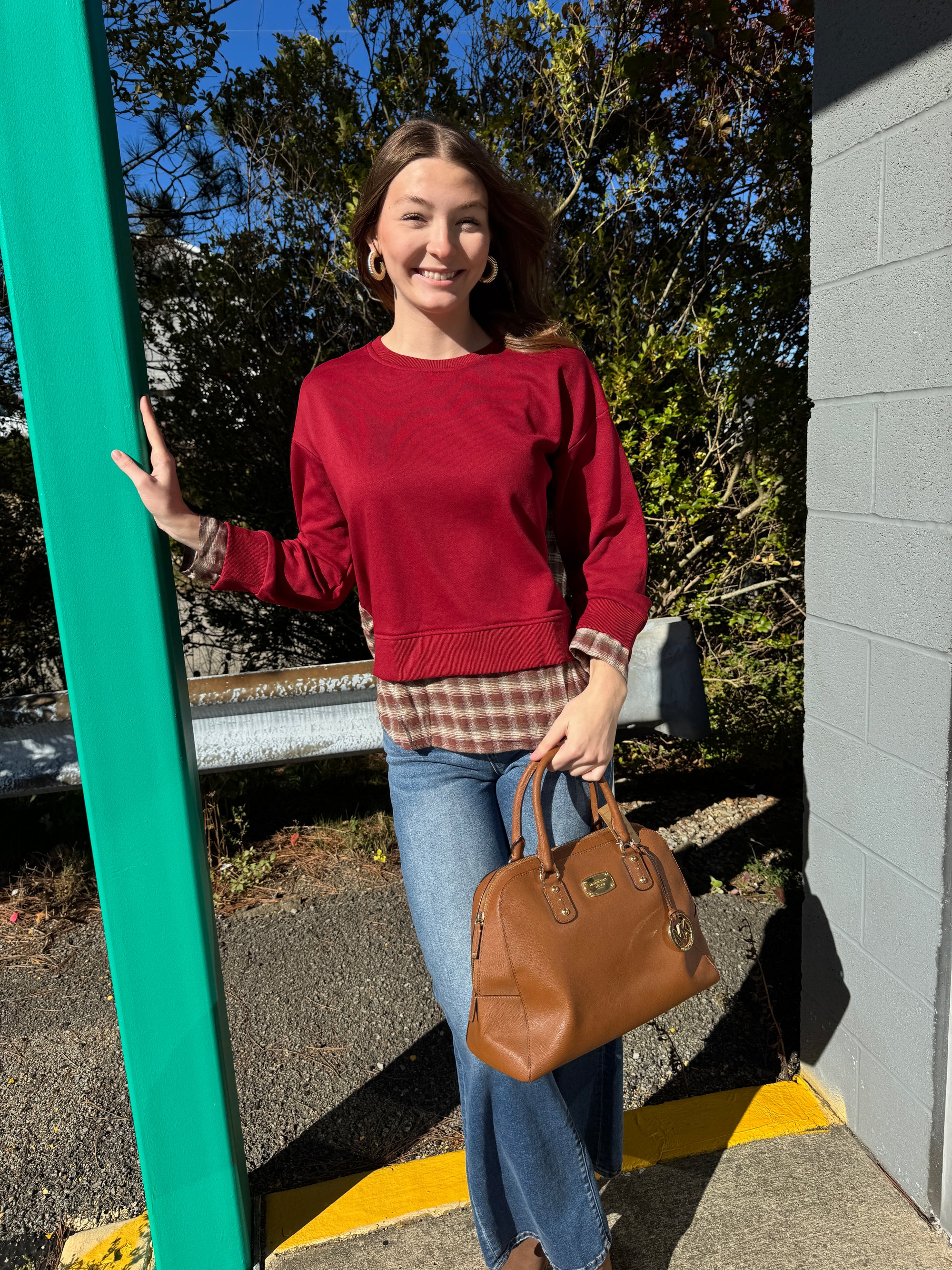 Sandra - A Long Sleeve Sweatshirt with Plaid Contrasting