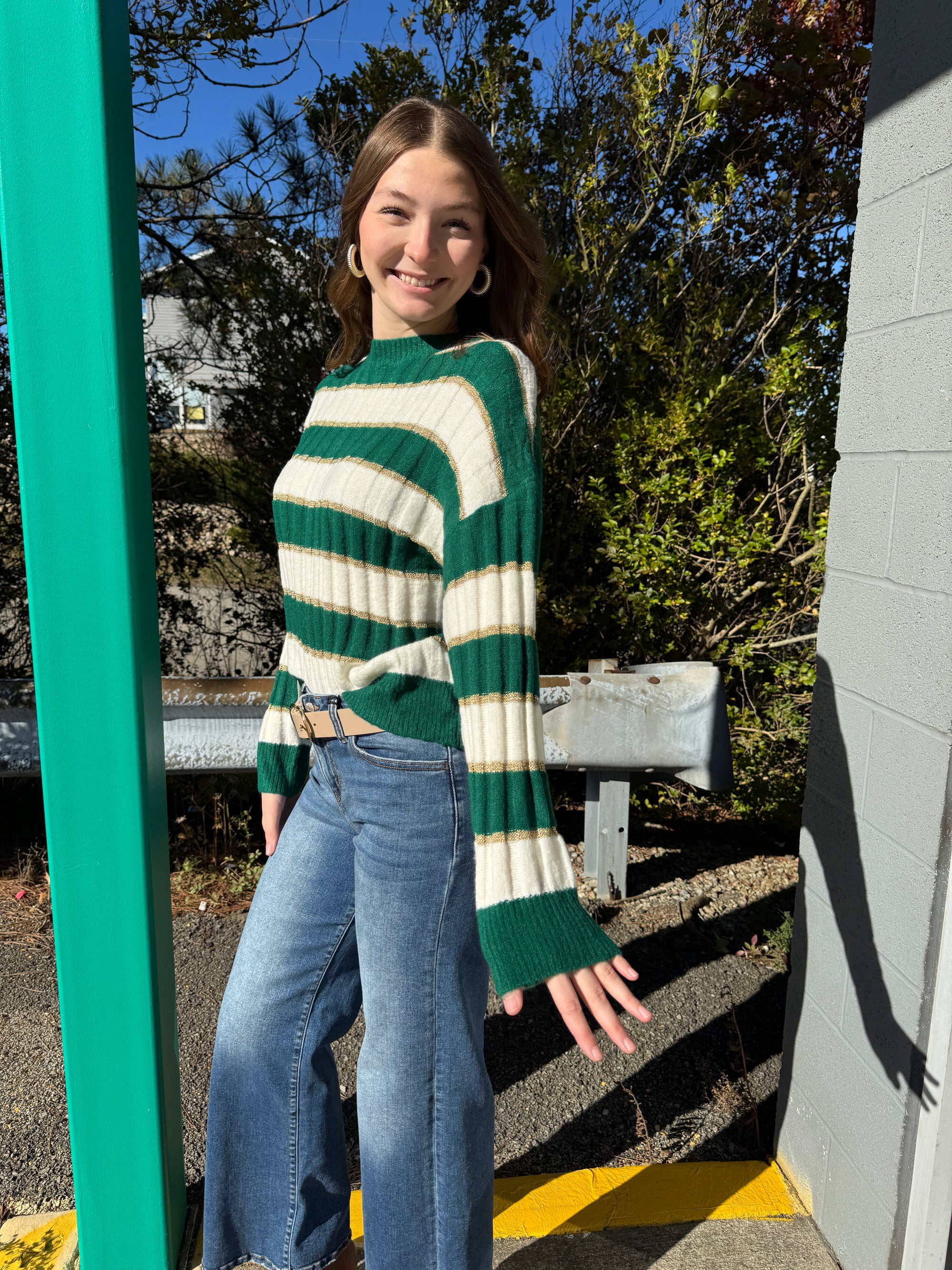 Ashley - A Long Sleeve Lurex Detail Striped Sweater