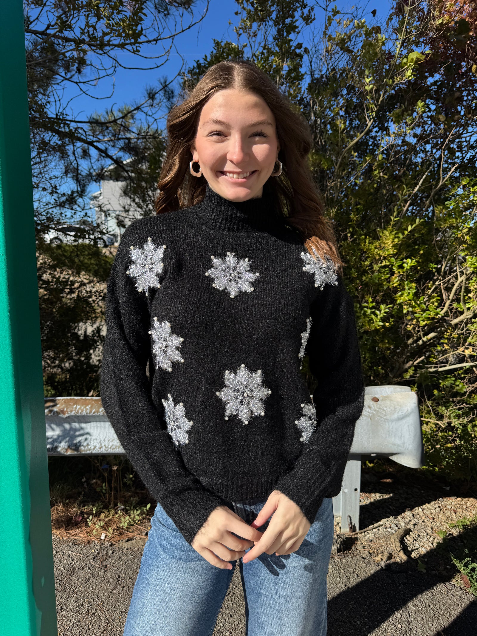 Flakey - A Long Sleeve Mock Neck Snowflake Patched Sweater