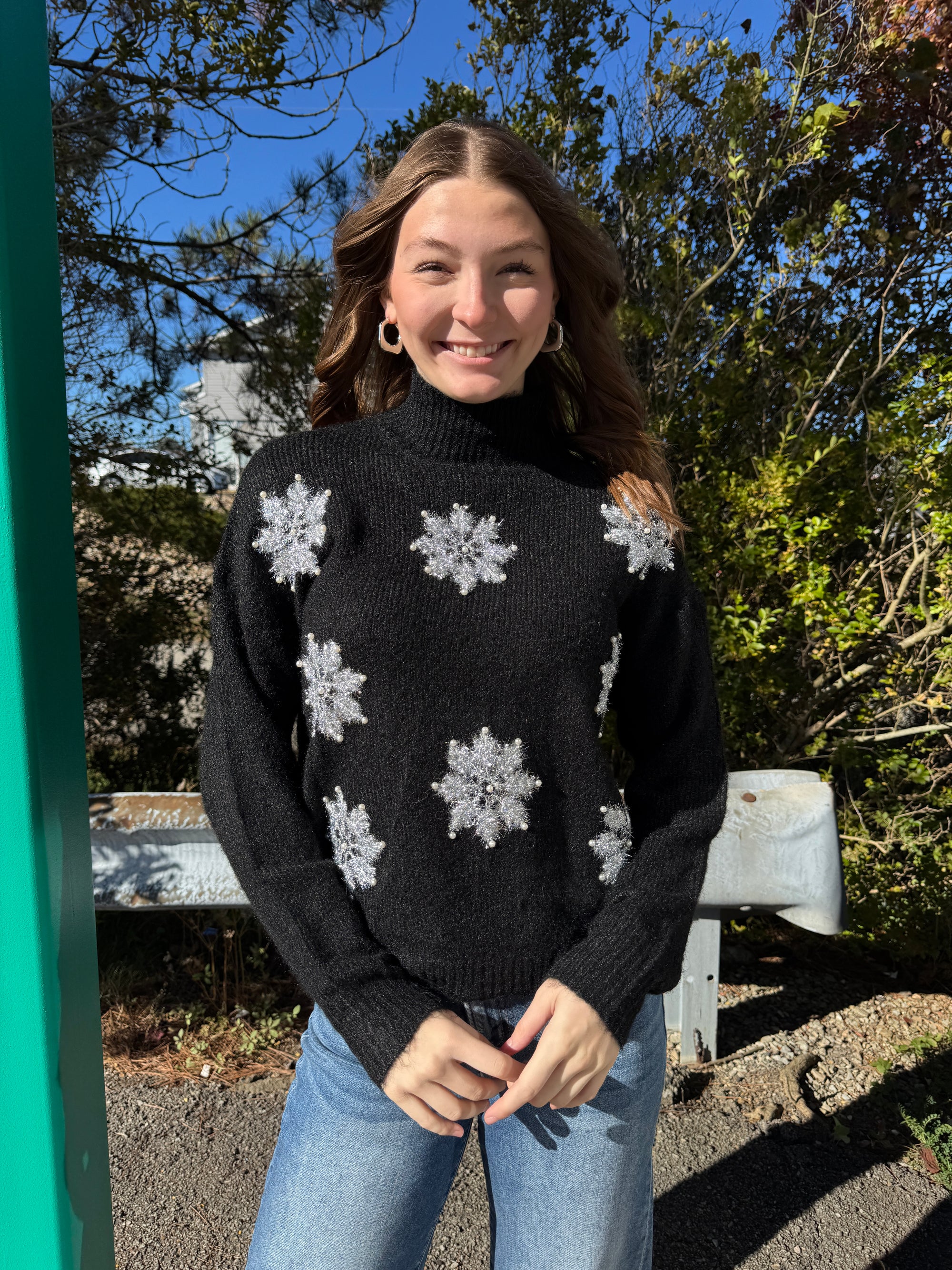 Flakey - A Long Sleeve Mock Neck Snowflake Patched Sweater