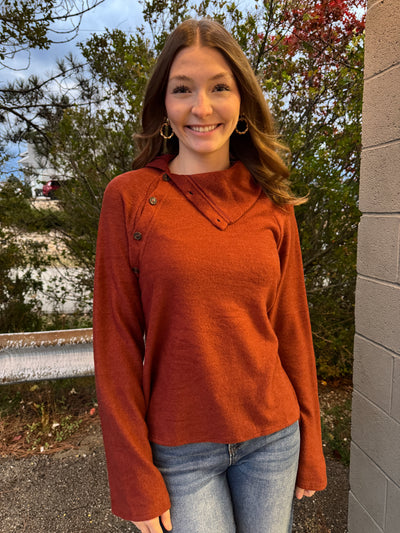 Mara - A Long Sleeve Turtle Neck Button Up Placket on the Shoulder Top