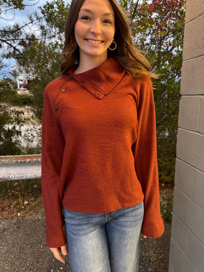 Mara - A Long Sleeve Turtle Neck Button Up Placket on the Shoulder Top