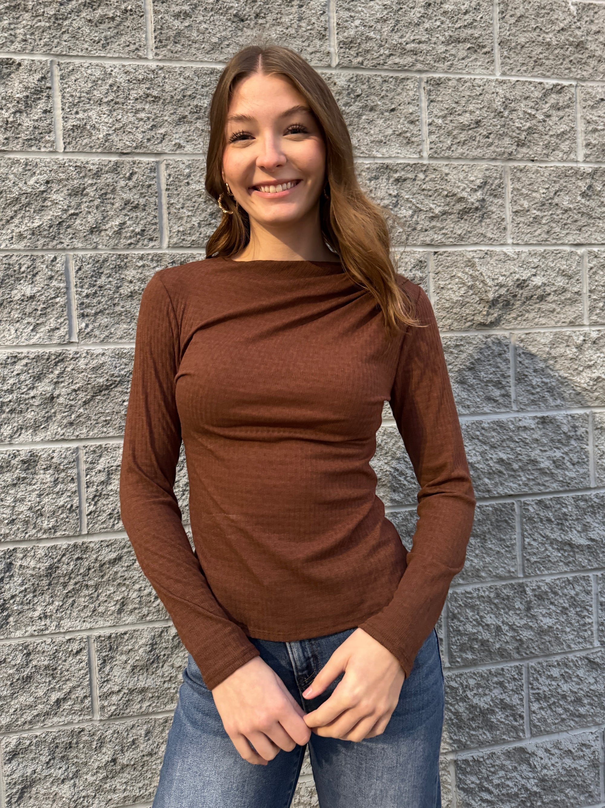 Shirene - A Mock Neck Shoulder Shirring Detail Long Sleeve Top