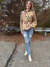 Fia - A Long Sleeve Mixed Media Floral Button Down Top with Chest Pockets