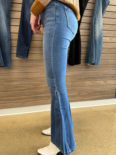 Glow Getter - A Pair of High Rise Flare Jeans