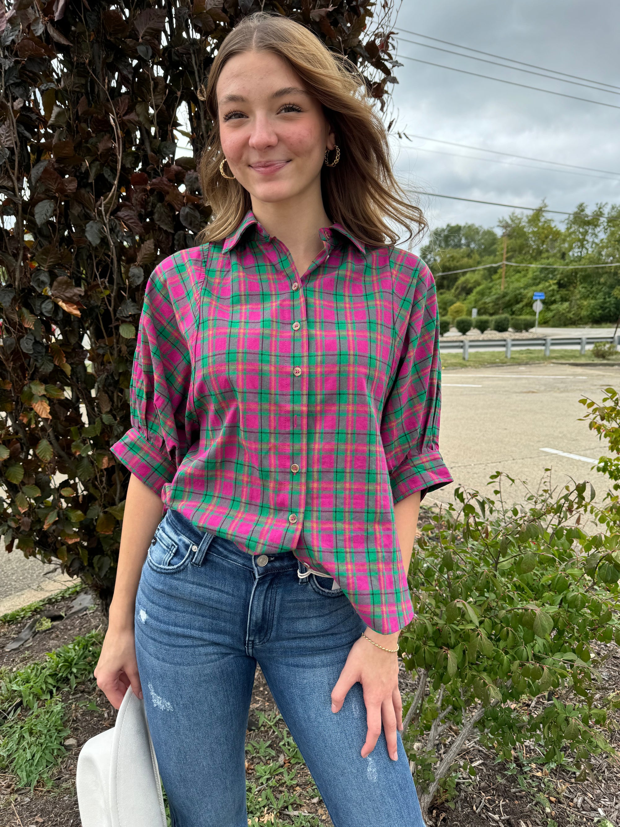 Suz - An Oversized Plaid Button Down Top