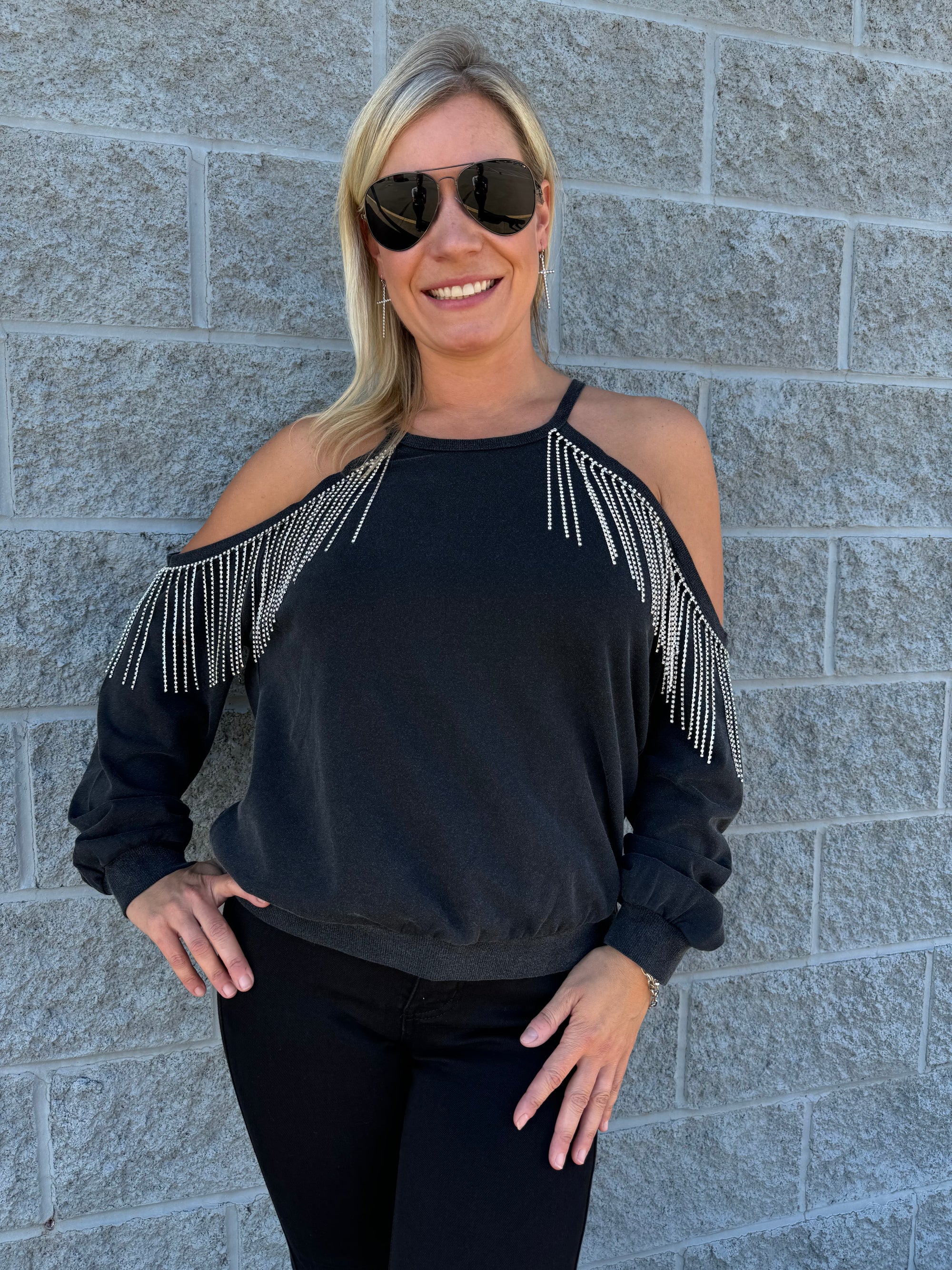 Beauty - A French Terry Cold Shoulder Rhinestone Fringe Sweatshirt