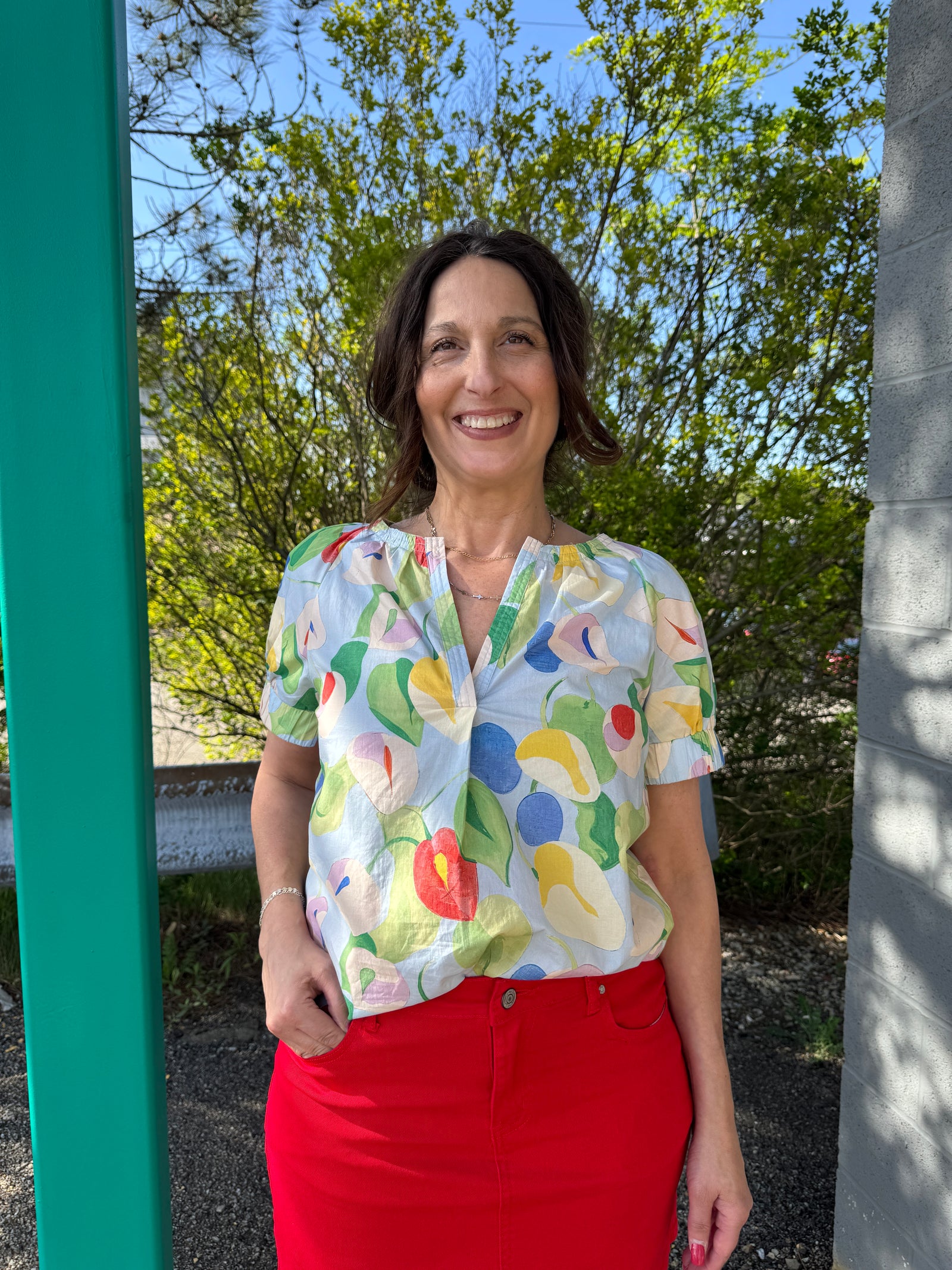 Island - A Floral Split Neck Top with Elastic Banded Sleeves