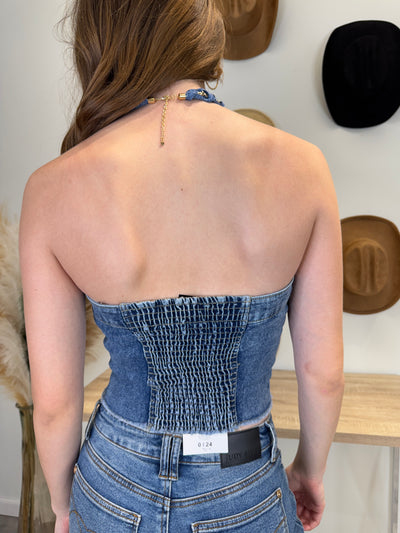 Jenna - A Strapless Button Down Two Pocket Denim Buster Top