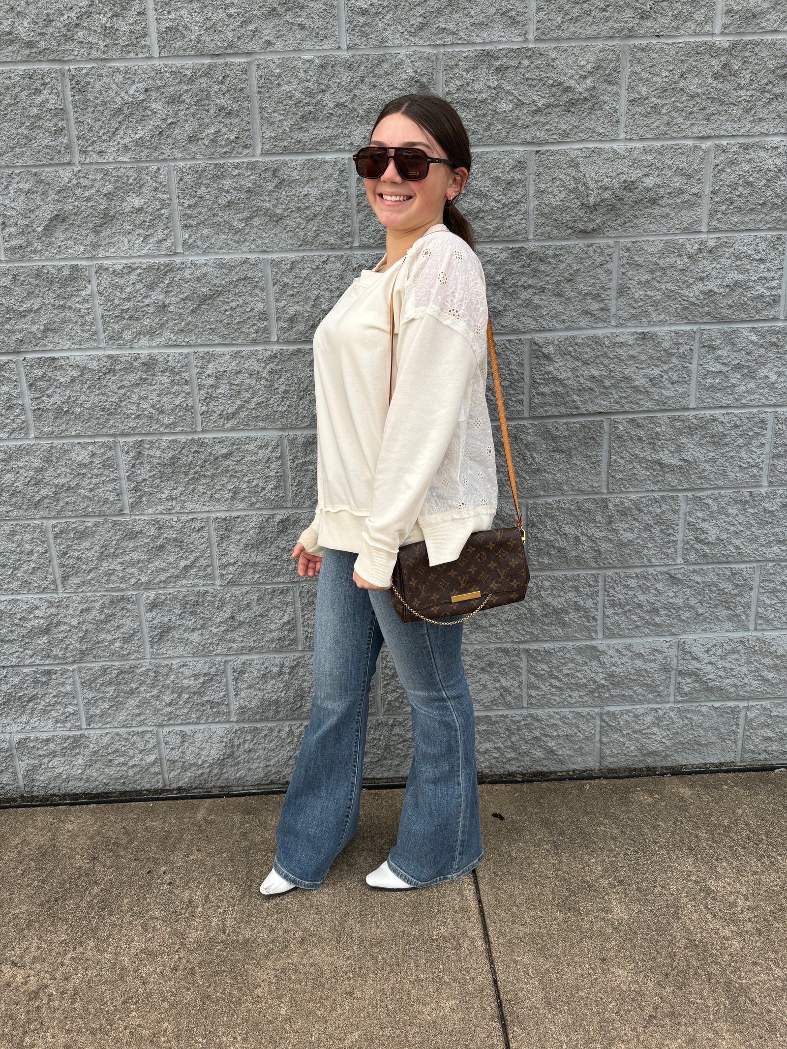 Jasmine - Solid Knit Top with Back Floral Eyelet Patter