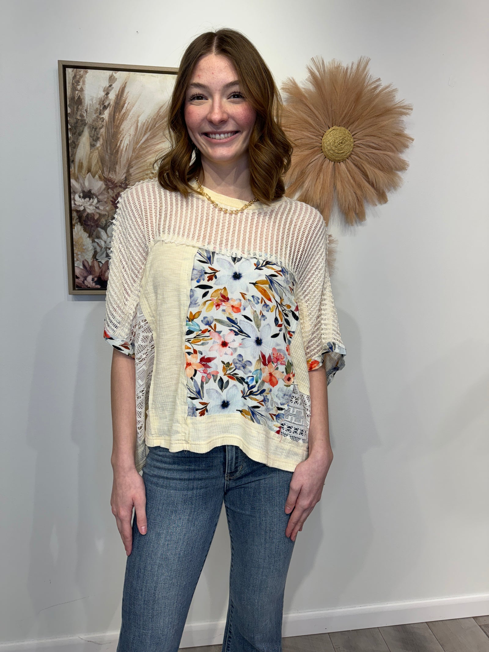 Tate - Round neck sleeveless floral pattern rib knit top: CREAM MULTI