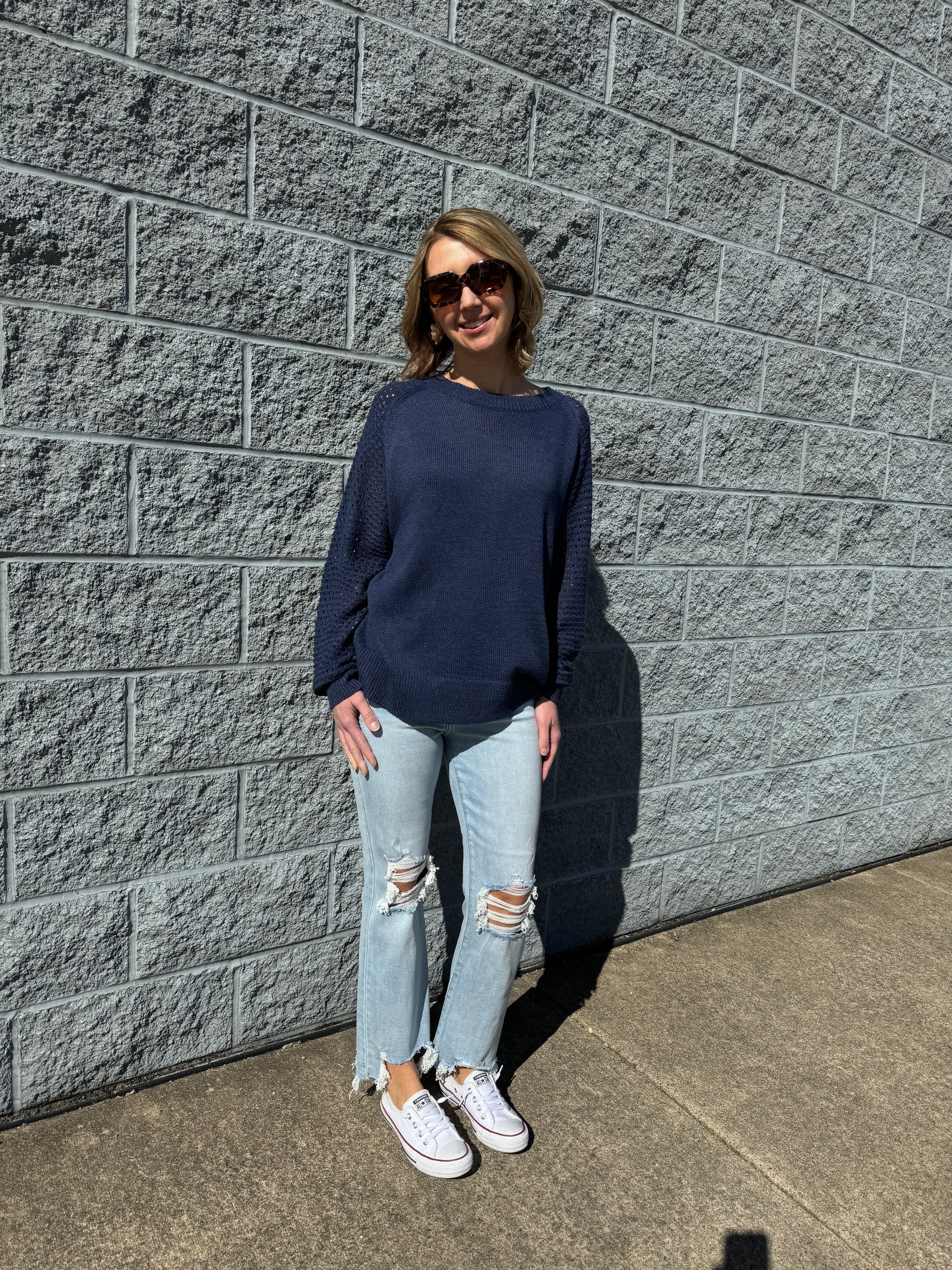 Madeline - MEDIUM WASH KNEE DISTRESSED FRAYED HEM CROPPED FLARE