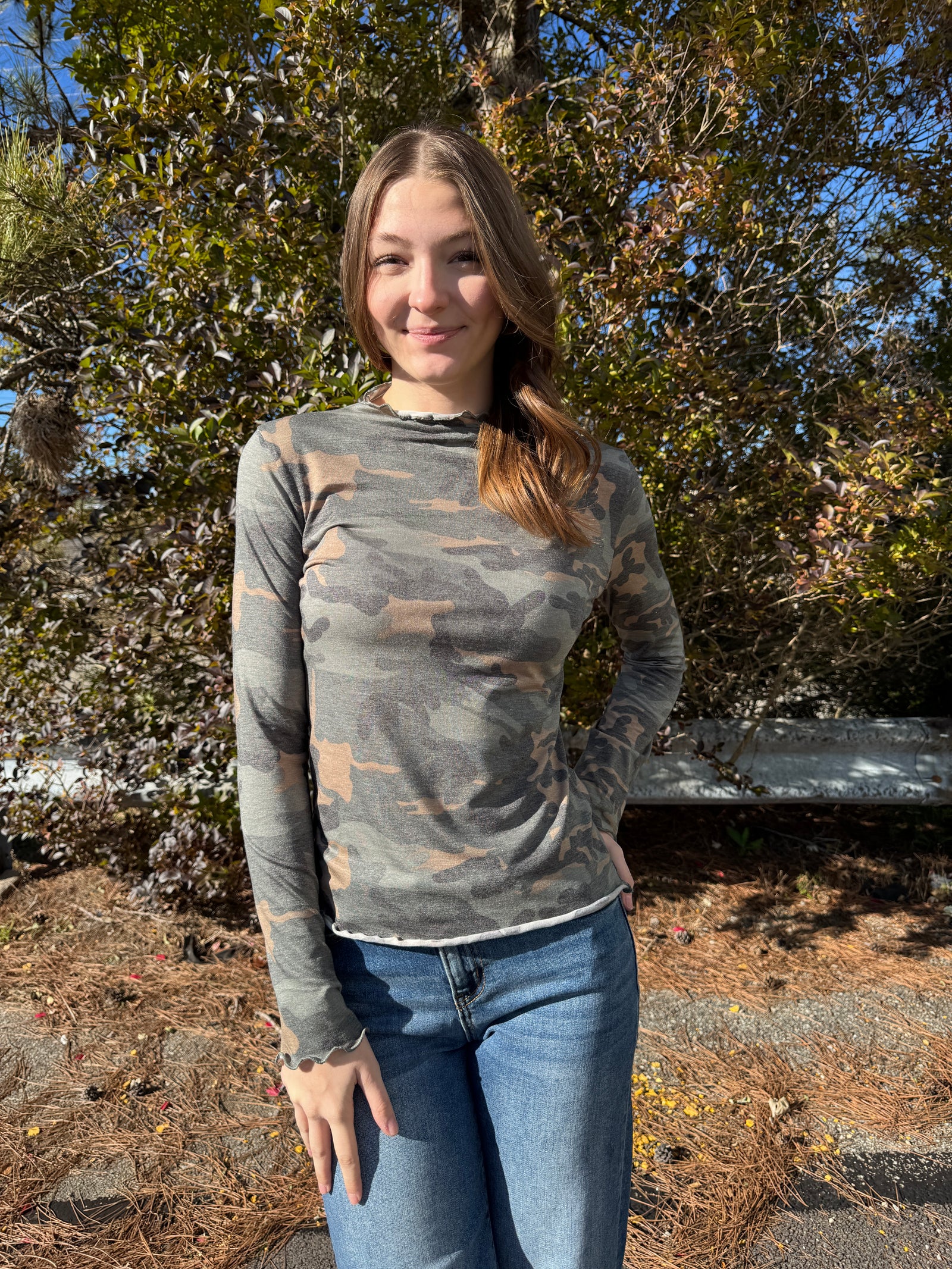 Perl - A Mock Long Sleeve Camo Print Top with Frilled Merrow Hem