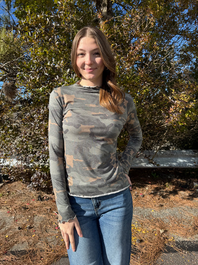 Perl - A Mock Long Sleeve Camo Print Top with Frilled Merrow Hem