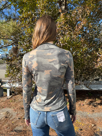 Perl - A Mock Long Sleeve Camo Print Top with Frilled Merrow Hem