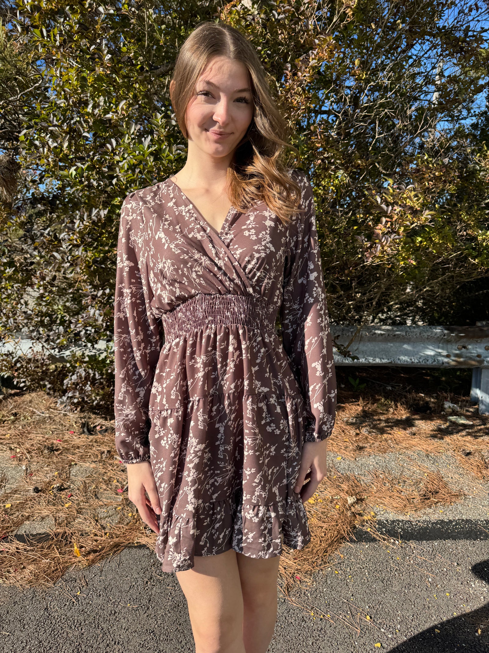 Mickey - A Surplice Smocked Waist Tiered Long Sleeve Knee Length Floral Print Dress