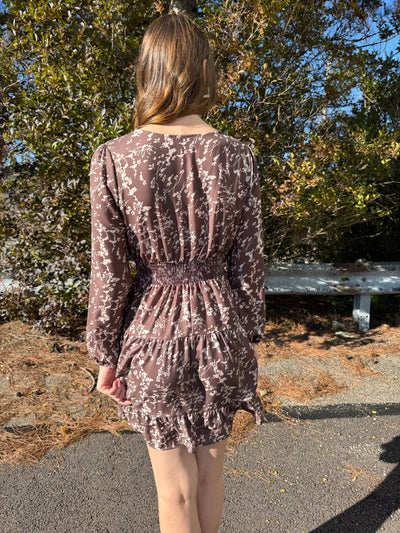 Mickey - A Surplice Smocked Waist Tiered Long Sleeve Knee Length Floral Print Dress