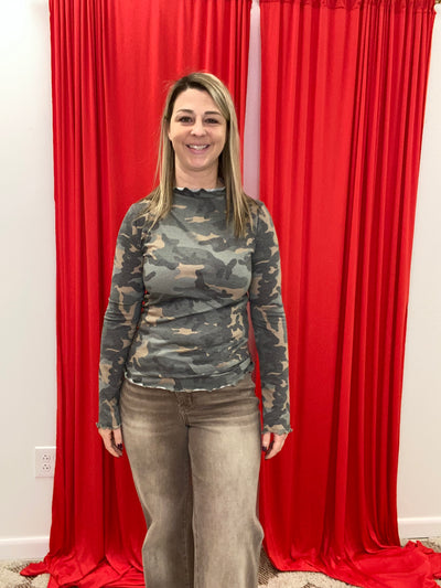 Perl - A Mock Long Sleeve Camo Print Top with Frilled Merrow Hem