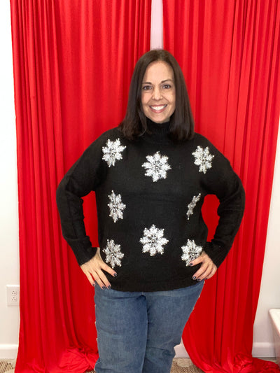 Flakey - A Long Sleeve Mock Neck Snowflake Patched Sweater