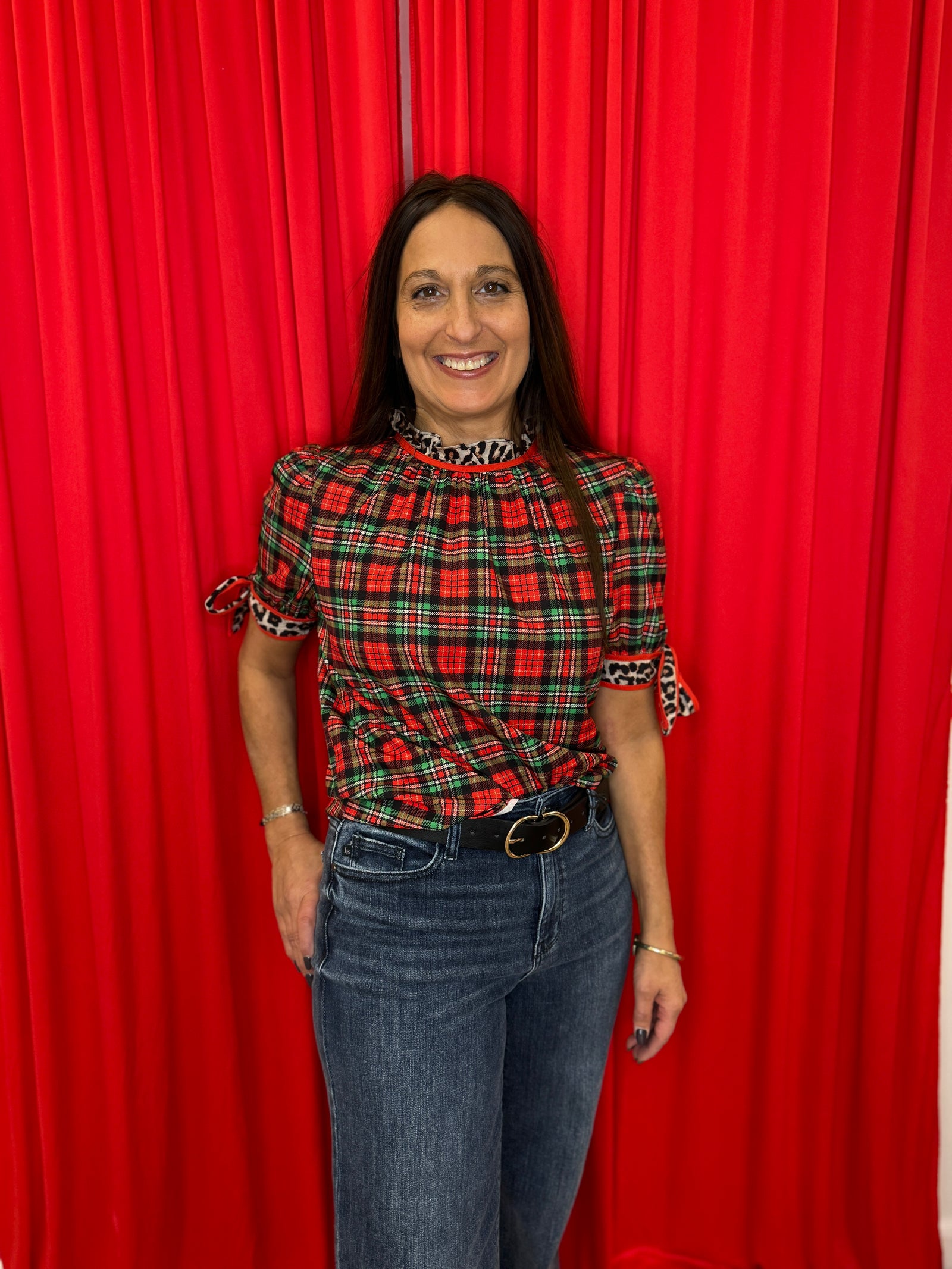 Lana - A Plaid & Prowl Top - Christmas Plaid with Leopard Print Details.