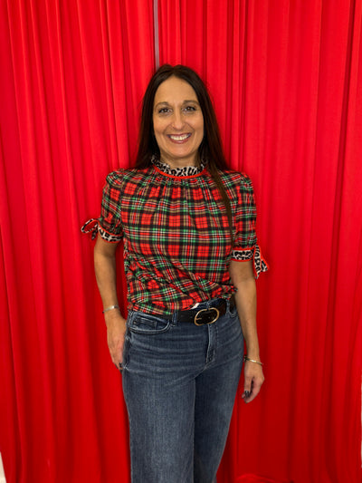 Lana - A Plaid & Prowl Top - Christmas Plaid with Leopard Print Details.