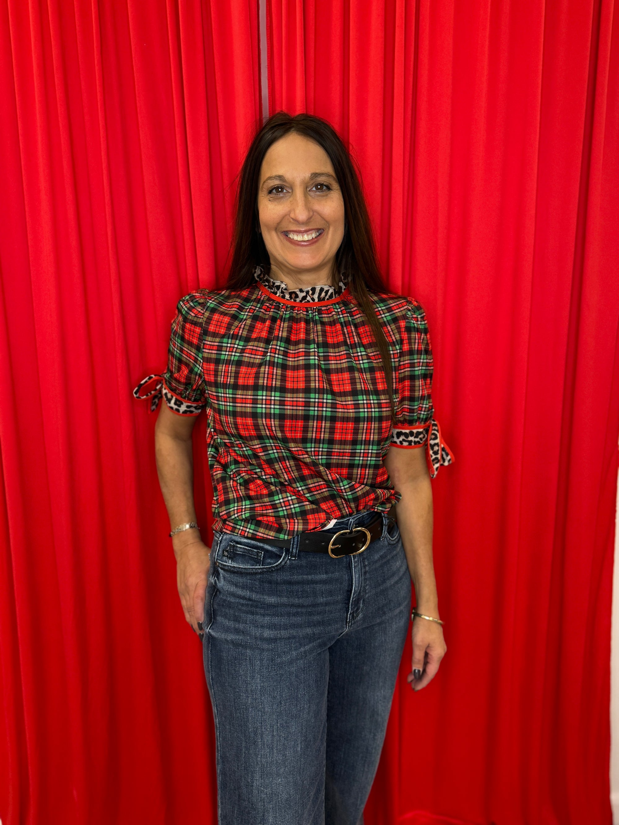 Lana - A Plaid & Prowl Top - Christmas Plaid with Leopard Print Details.