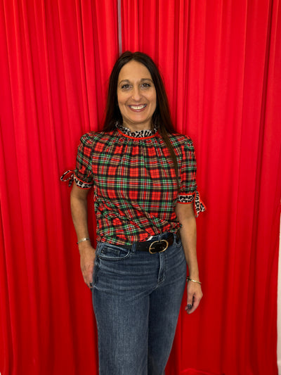Lana - A Plaid & Prowl Top - Christmas Plaid with Leopard Print Details.