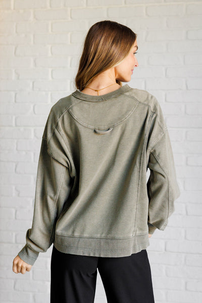 Explore More Collection - Quick Fix Mineral Wash Crew Neck Pullover in Army Green