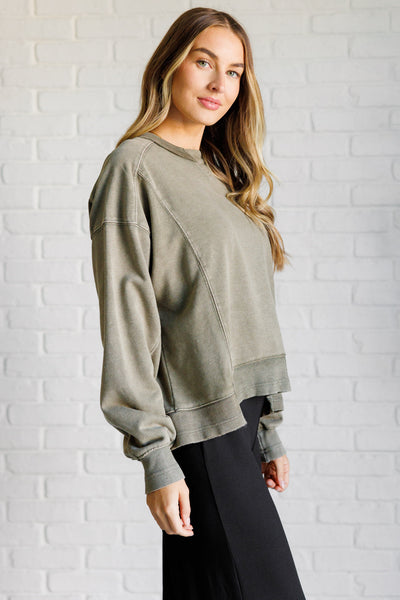 Explore More Collection - Quick Fix Mineral Wash Crew Neck Pullover in Army Green